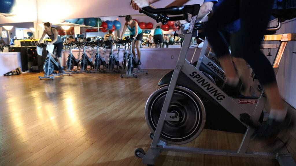 Spin bikes ready for class at Mike's Fitness JP