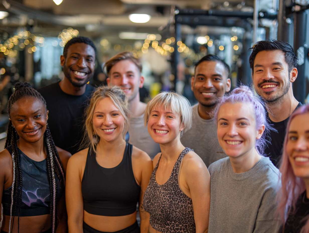 Diverse group of members smiling together at a gym in Jamaica Plain.